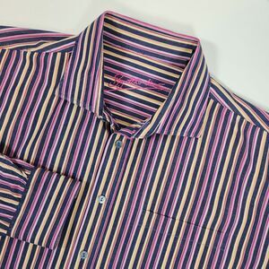 Bugatchi Uomo Shirt Mens‎ 2XL Navy Pink Orange Stripe Button Up Long Sleeve
